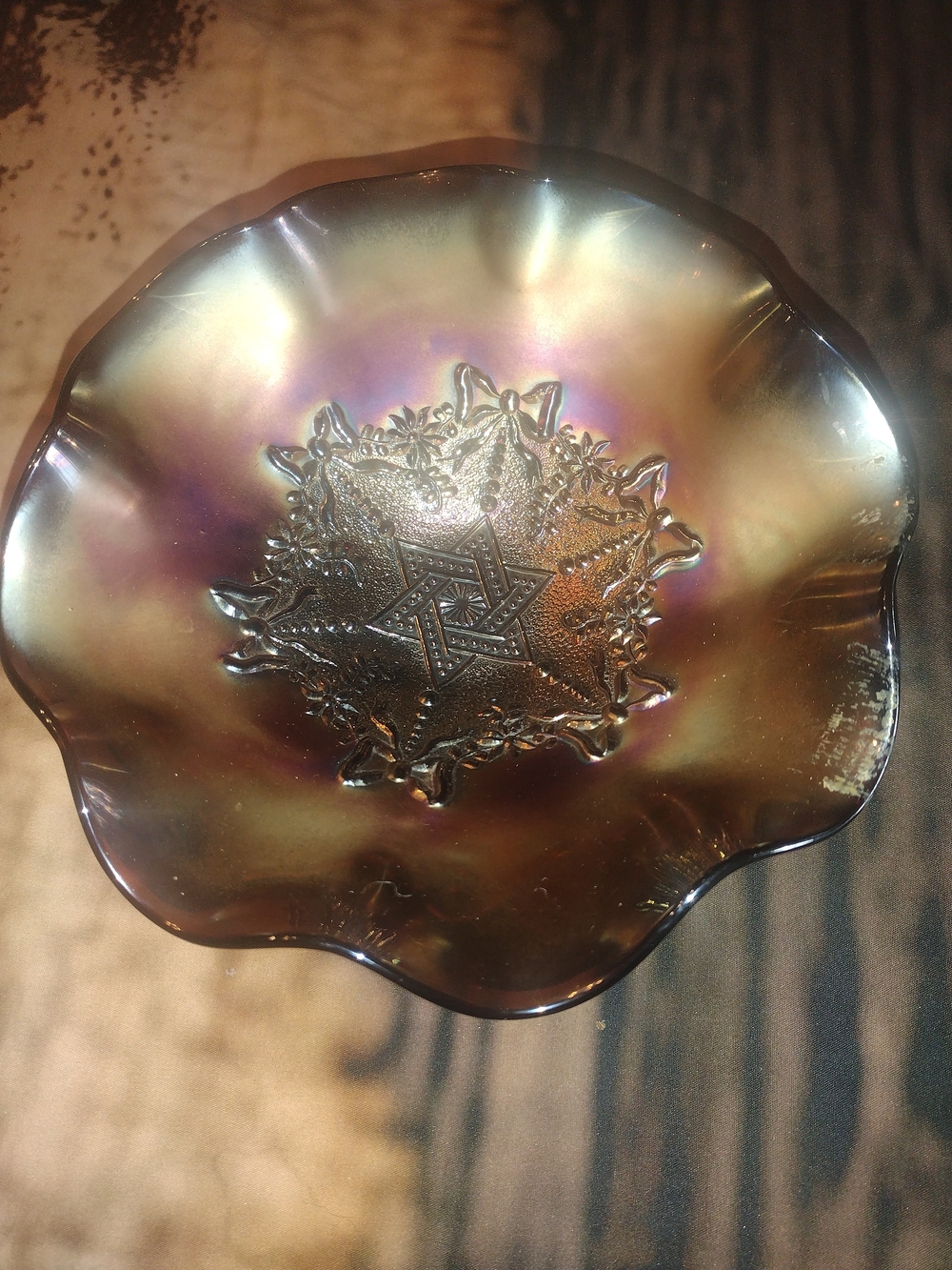 Iridescent Brown Glass Decorative Bowl with Embossed Star Motif